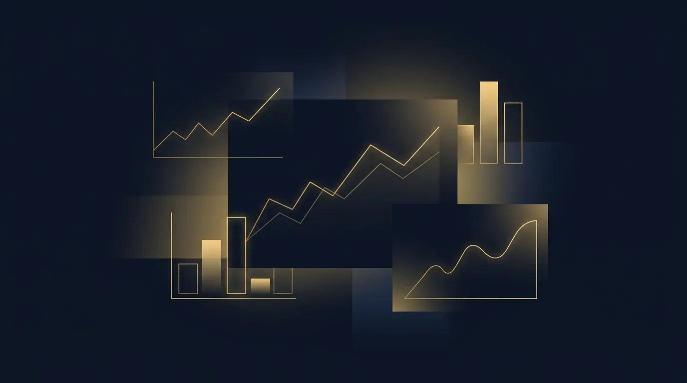 Abstrakte Statistik-Grafik mit goldenen Linien- und Balkendiagrammen auf dunkelblauem Hintergrund