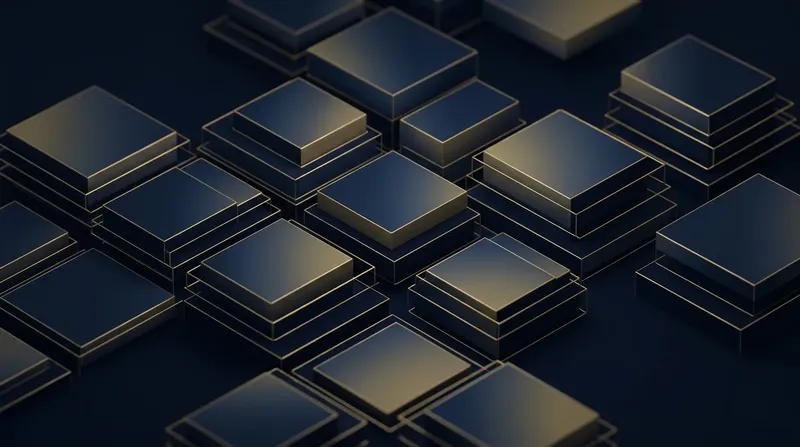 Abstrakte geschichtete Block-Grid-Komposition mit feinen Goldlinien als Metapher für die neue WordPress-Editor-Architektur