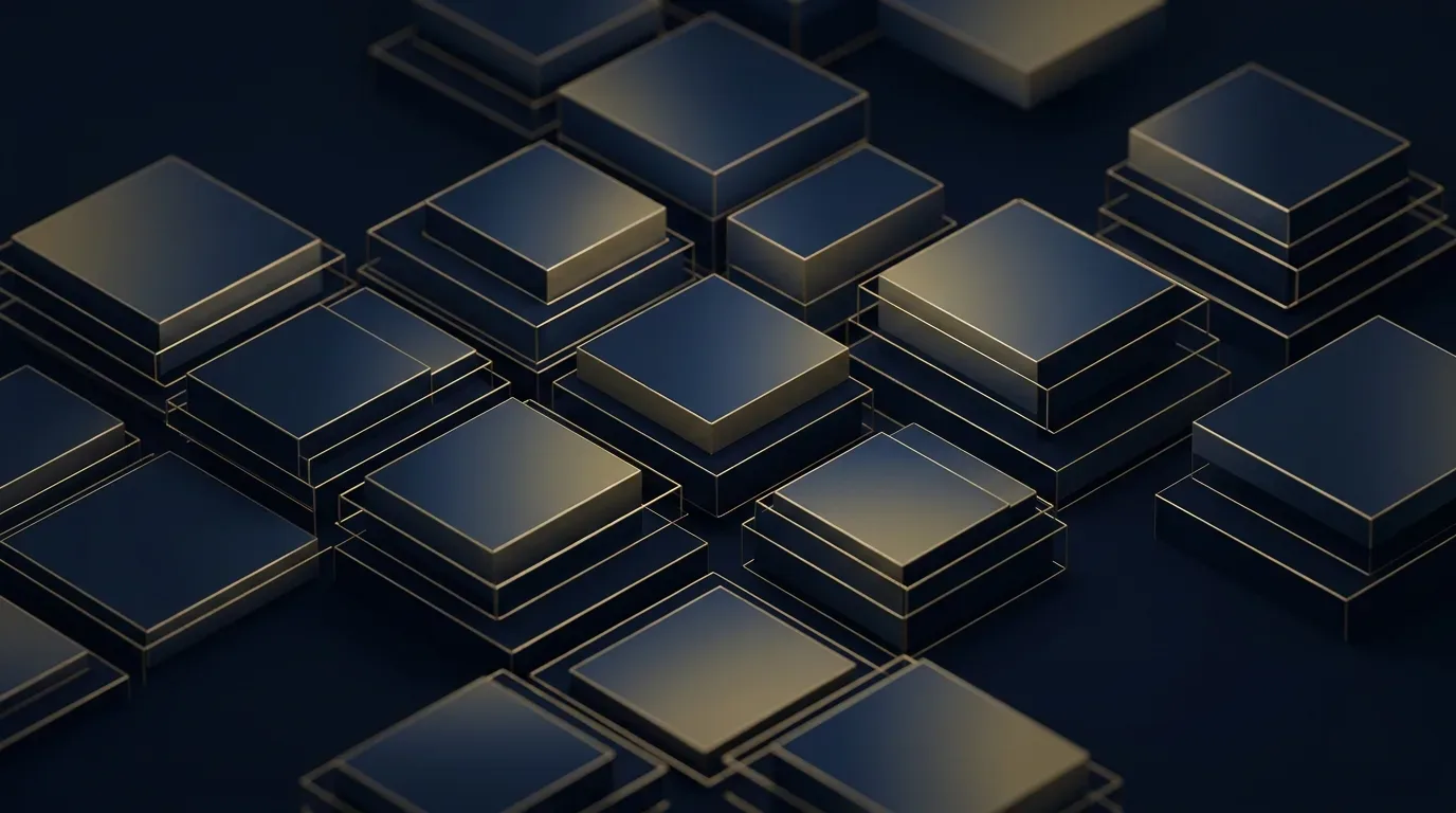 Abstrakte geschichtete Block-Grid-Komposition mit feinen Goldlinien als Metapher für die neue WordPress-Editor-Architektur