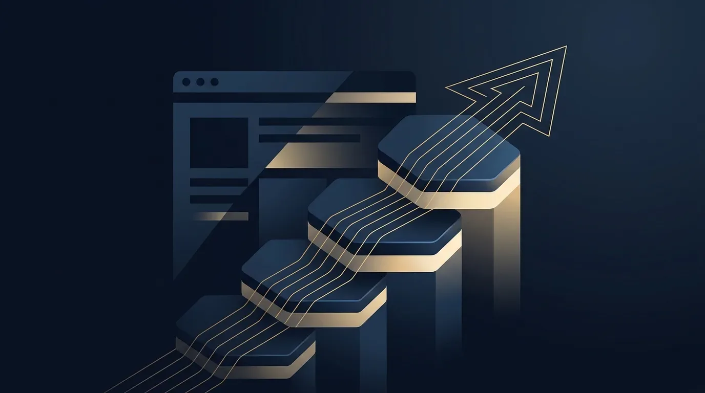 Abstrakte geometrische Illustration: aufsteigende Stufen mit goldenen Konturlinien und Pfeil nach oben vor dunkelblauem Hintergrund — Sinnbild für ein WordPress-Update