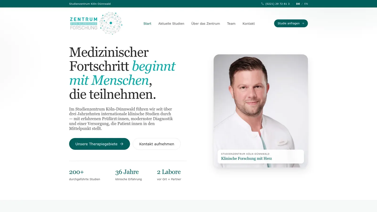 Neue Astro-Website des Zentrums für klinische Forschung, dunkelgrüner Hero mit Serif-Headline, 2026