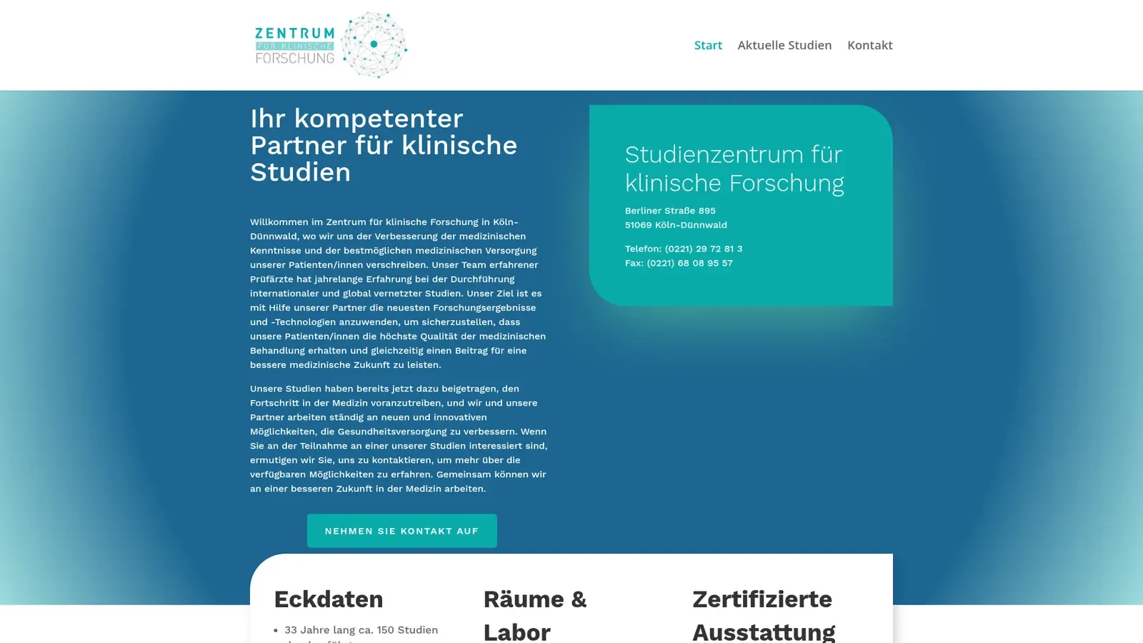 Alte WordPress-Website des Zentrums für klinische Forschung mit Divi-Builder, Stand 2025